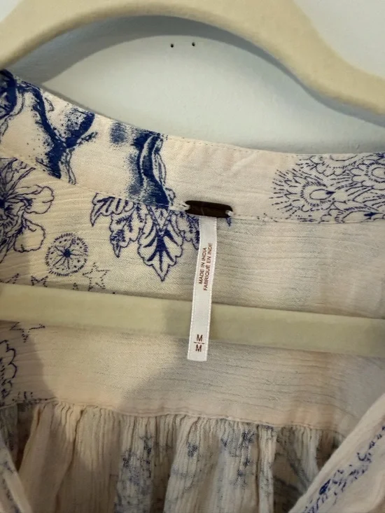 Free People Boho Cream and Navy Floral Button-Front Blouse - Picture 3 of 7